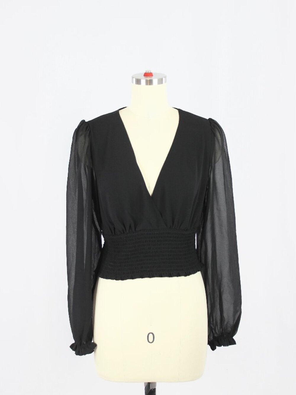 Aritzia WILFRED Wistful Black Chiffon Smocked Puff Sleeve V-Neck Blouse, Size S